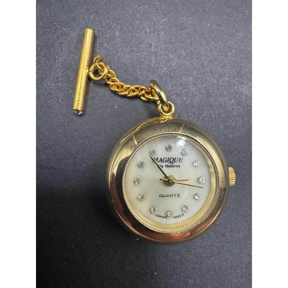 Magique by Helbros Women's MOP Crystal Quartz Pocket Pendant Watch Gold Tone